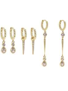 rundraw 2/6pcs New Round Hoop Water Drop Cone-Shaped Zirconia Inlaid Pendant Earrings, Elegant Copper Gold Color Women's Earrings, Suitable For Party, Evening Gala, Ball, Daily Outfit Accessory, Best Gift For Friends And Lovers On Holidays And Anniversaries - Gold - View 9