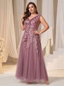 Đầm dạ hội mùa hè cỡ lớn EVERPRETTY thanh lịch, dáng xòe dài màu hồng, được trang trí bằng thêu và đính sequin tinh xảo - Cổ chữ V, đầm dự tiệc cưới, đầm dự sự kiện thắt cà vạt đen, đầm dự tiệc mùa xuân. - Bụi hồng - Xem 8