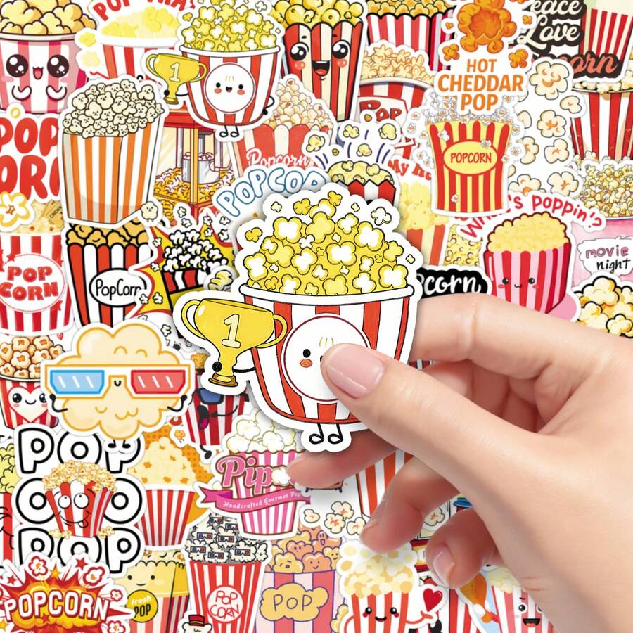 50pcs Cute Cartoon Popcorn Snack Stickers, American Creative Fun Decorative Stickers For Notebook, Mirror, Scrapbooking DIY Funny Stickers Kindle Scrapbook Supplies Laptop Sticker - 50 Popcorn Sheets - View 1