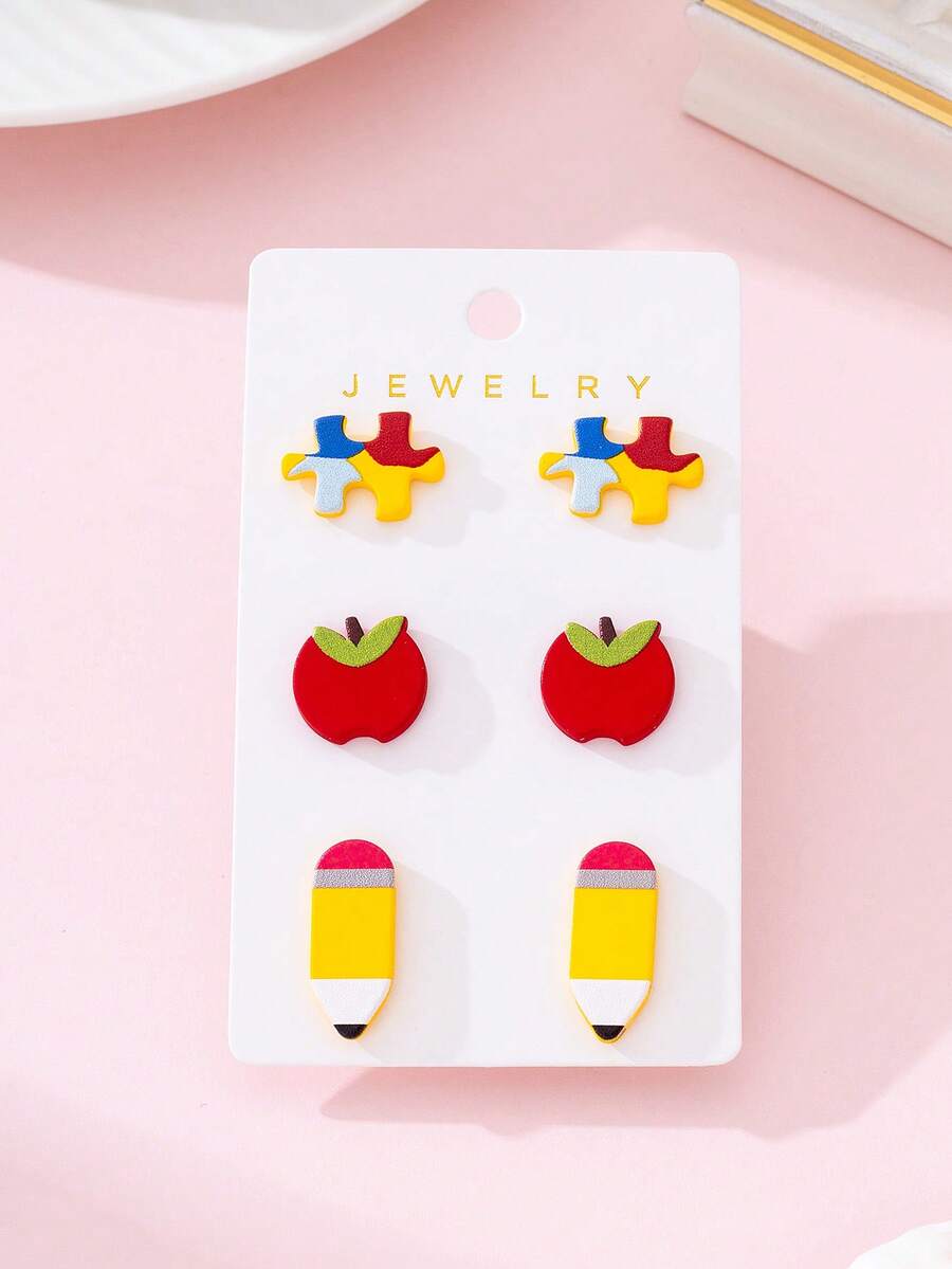 3 Pairs/Set Teacher's Day Apple & Pencil Enamel Faux Soft Pottery Earrings Set, Gift For Teachers And Students - Multicolor - View 1