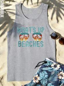 singbulk Men's Cotton "What's Up Beaches" Sunglasses & Palm Tree Print Sleeveless Tank Top - Summer Beach Tank Top - 灰色 - 查看 1