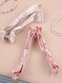 Sweet Romantic Polka Dot Satin Fabric White & Pink Bow Hair Claw, Elegant Elegant High Ponytail Banana Hair Clip - Multicolor - View 10