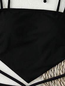 新款春夏印花系带比基尼，优雅休闲性感泳衣，饰以活力花卉印花和撞色滚边，适合海滩、度假、约会、派对等场合。 - 黑色 - 查看 4