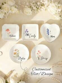 Plateau de bague de mariage personnalisé élégant avec fleurs mensuelles, boîte à bijoux de voyage pour mariée, plateau d'affichage de bague de mariage personnalisé simple. Boîte de rangement de bijoux pour cérémonie de mariage personnalisée - Plateau en céramique multicolore - Voir 1