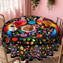 1 pieza Mantel redondo de poliéster con estampado floral y borde en relieve, adecuado para uso en interiores y exteriores, decoración del hogar, ideal para el Día de la Madre, bodas, cumpleaños, aniversarios, decoración de primavera y verano - A - Ver 9