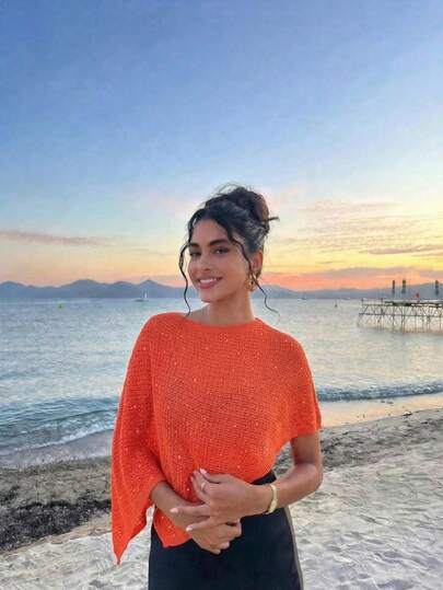 Women's New Y2K Style Orange Asymmetrical Pullover Cover Up, Shiny Lightweight Knit Sweater, Asymmetric Cropped Top, Fashionable Casual, Bohemian, Suitable For Beach Vacation, Outing, Commute, Beach Party, Pool Party, Date And Other Occasions