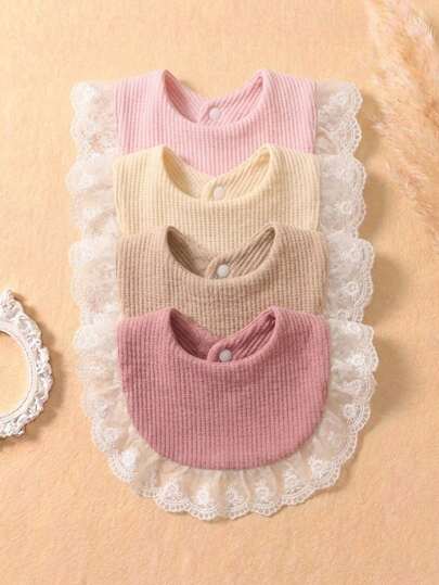4pcs Baby U-Shaped Bibs Set, Lace Trim Ribbed Design, Snap Closure, Baby Girls' Accessories