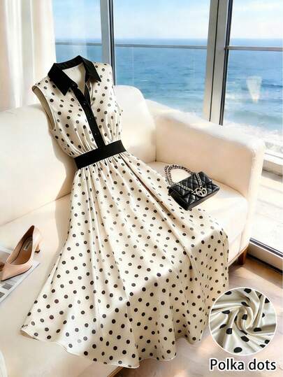 1pc Polka Dot Elegant Woven Fabric Sleeveless Dress, Graceful Casual Everyday Wear Vacation Summer