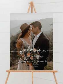 精美婚礼照片欢迎牌模板、欢迎牌、婚礼照片拼贴画、现代欢迎牌、可打印婚礼招待会海报 - 彩色 - 查看 3
