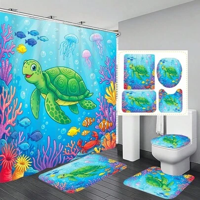 1件/4件套海底世界绿海龟图案多功能浴室装饰浴帘套装，赠送12个挂钩，营造优雅假日氛围，包含浴室地垫、U型马桶垫和圆形马桶垫，适用于各种浴室场景。