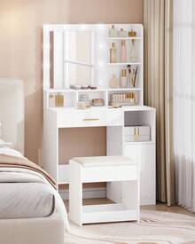 Hzuaneri Dressing Table Stool, Soft Padded Vanity Stool, Makeup Chair With Non-Slip Foot Pads For Dressing Room, Bottom Storage, Bedroom, Entryway - White - View 2
