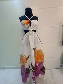 Long Dress With Built-In Bra, Floral Print, Farmi Inspired, Elegant And Comfortable, Blogger-Style, Luxury, New, All-Over Floral Print, Beachwear. - Pearl White - 查看 2