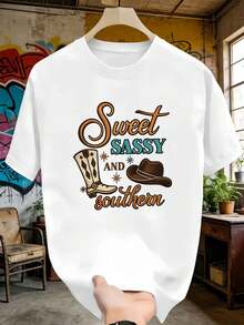 Camiseta con estampado gráfico "Sweet Sassy Southern" de cuello redondo, corte holgado, estilo casual y cómodo, con un dise?o gráfico único. - Blanco - Ver 2