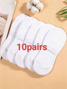 5/10双装女士白色船袜，时尚半趾纯棉透气短袜 - 白色 - 查看 5