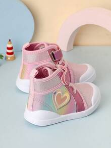 1双女童高帮公主鞋，2026春秋新款儿童爱心帆布鞋，柔软防滑幼儿休闲鞋 - 粉色 - 查看 2