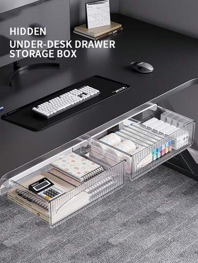 1pc Under Desk Slide-Out Storage Drawers. Compact, Invisible Design For Home, School & Office Supplies - Durable Plastic Storage Solution, Stationery Organizer, Desk Accessory, No Drilling, Easy To Install, Back To School Supplies