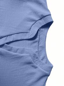 Blusa de unicolor con cuello en V y mangas con volantes para mujer de talla grande, primavera - Celeste - Ver 4