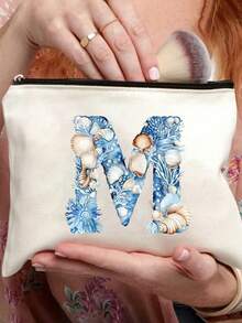 Bolsa de maquillaje impresa con diseño de estrella de mar, concha y elementos oceánicos, con letras del alfabeto A-Z. Bolsa de almacenamiento con estampado de letras de moda, bolsa de cosméticos para almacenamiento de artículos pequeños, bolsa de almacenamiento, bolsa de maquillaje, bolsa de aseo, bolsa de almacenamiento plegable ligera, bolsa de embrague como regalo para maestros, almacenamiento para enfermeras, médicos, maestros, adecuada para el almacenamiento de cosméticos de viaje personal, esencial para vacaciones en la playa, campamento, vacaciones, regalo del Día de la Madre - Multicolor - Ver 6