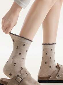 5/1Pair Women's Tulip Floral Crew Socks, Ruffle Trim Cute Socks,Soft Breathable Socks,Casual Mid-Calf Socks,All-Season Versatile Socks For Daily Wear - Multicolor - View 11