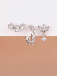 3pcs Set Luxury Star Zirconia Hoop Earrings, Punk Style Earrings For Women - 3PCS-sILVER-3# - View 4