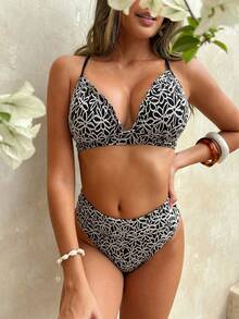性感黑白花卉蕾丝比基尼套装，女士挂脖高腰泳衣，高弹力泳装 - 花色 - 查看 1