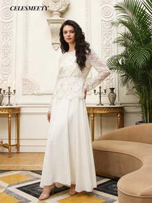 Elegant Apricot Sequin Embroidered Long Sleeve Shiny Dress With Chiffon Hem, Suitable For Weddings, Parties, Anniversaries - Apricot - View 1