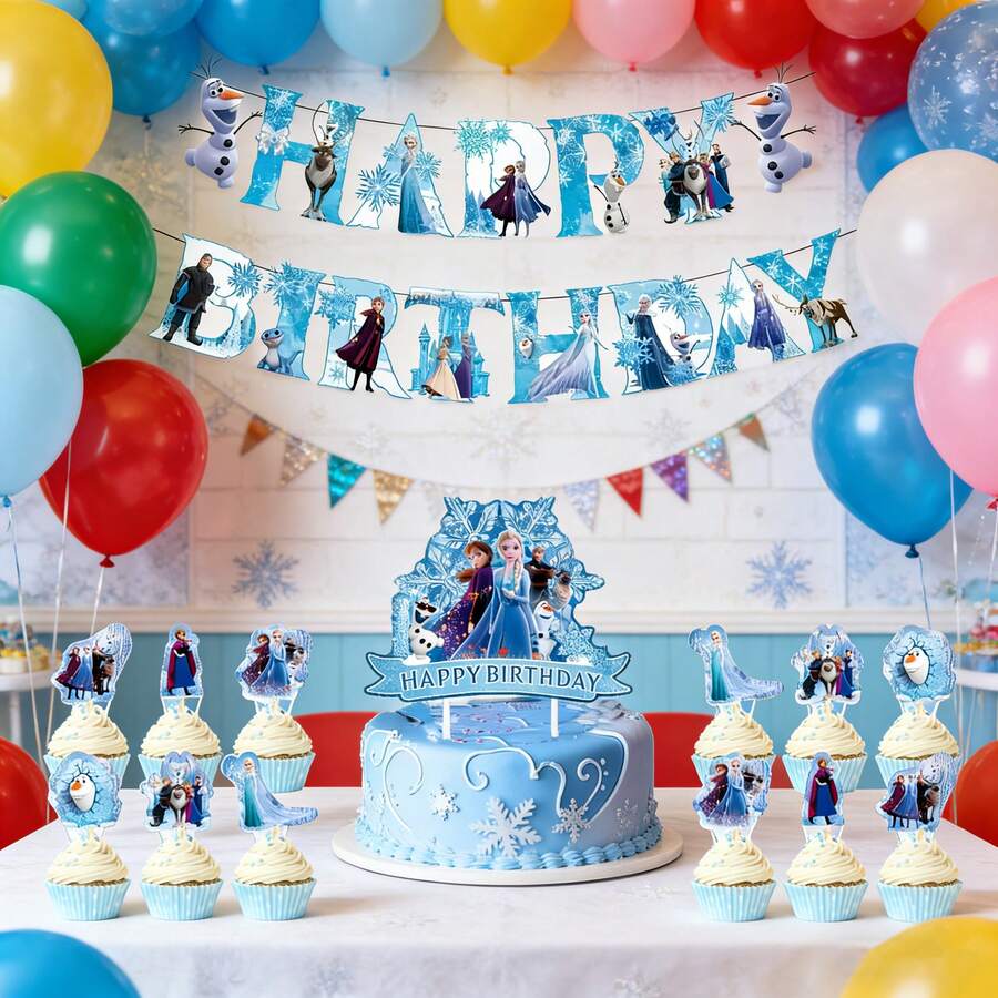 Disney 迪士尼冰雪奇缘主题生日派对装饰蛋糕套装，甜品桌装饰道具，冰雪主题活动场景 - 彩色 - 查看 1