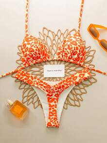 2pcs/Set Leopard Print Sexy Lace-Up Backless Swimwear Bikini, Suitable For Vacation, Beach, Stage Performance & Concert In Summer - Orange-red - View 1