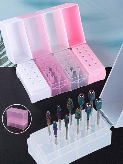 Portable Nail Drill Bit Holder,10 Holes, Durable Nail Polishing Head Storage Box & Organizer, Lightweight Practical Display Case For Manicure Supplies, Pink & Transparent