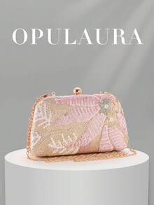 OpulAura亮片刺绣花卉盒形手拿包，女士时尚亮片拼接手提包，派对晚宴包，随机裁剪，适合女性，适合派对、婚礼、舞会、度假等场合。非常适合派对、婚礼、舞会、正式活动/宴会，可与节日派对礼服、晚礼服和亮片连衣裙完美搭配。 - 粉色 - 查看 2