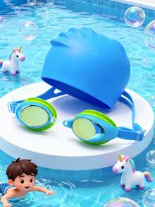 2pcs Swimming Goggles + Swimming Cap, Leak-Proof, Anti-Fog And UV Protection, Comprehensive Protection For Children, Silicone Swimming Cap - Blue - View 7