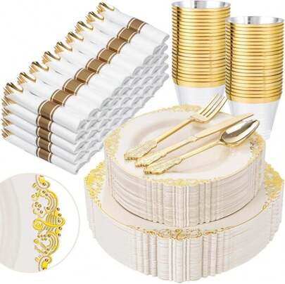 Nervure 350PCS Ivory Plastic Plates - Ivory Gold Plastic Dinnerware Sets For 50 Guests - 100 Gold Disposable Plates, 50 Pre Rolled Silverware Sets, 50 Cups Perfect For Wedding &Amp; Party