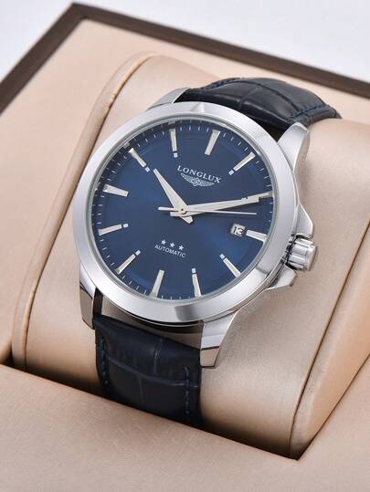LONGLUX 1pc Men's Automatic Mechanical Waterproof Calendar Leather Band Watch, Business & High-End