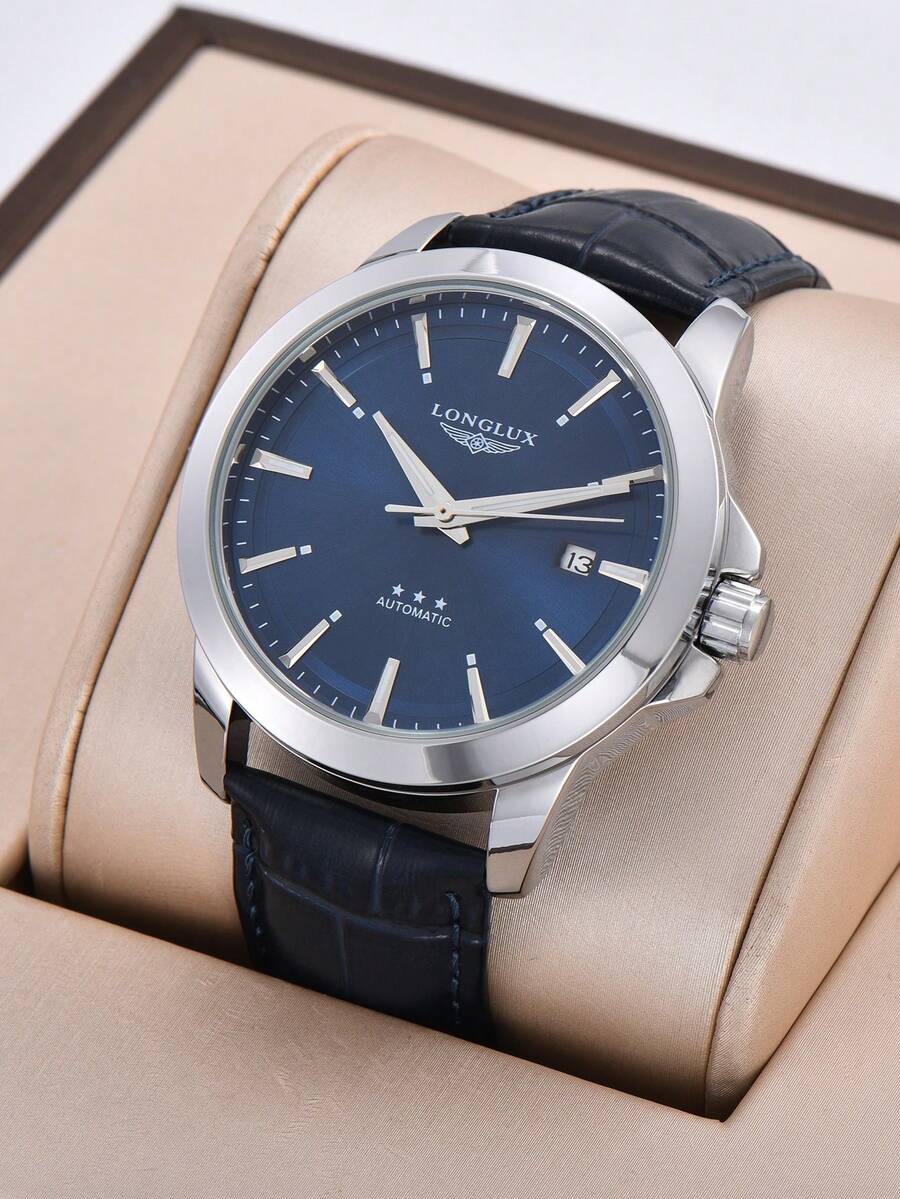 1pc Men's Automatic Mechanical Waterproof Calendar Leather Band Watch, Business & High-End