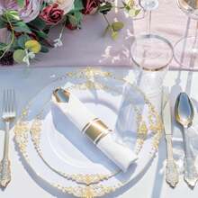 Nervure 700PCS Gold Plastic Plates - Gold Plastic Dinnerware Sets For 100 Guests - 200 Disposable Plates, 300 Silverware, 100 Cups, 100 Napkins For Wedding &Amp; Party - Vàng - Xem 2