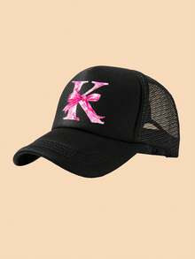 1pc White Truck Driver Mesh Cap, A-Z Bow Letter Print Baseball Cap, Adjustable Size Suitable For 3-8Y Boys & Girls, Suitable For Kids Back To School - Black - View 6