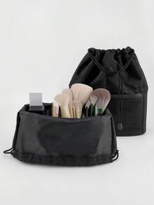 Acrylic Partition Travel Makeup Case With Brush Holder, Freestanding Cosmetic Bag, Artist Travel Makeup Pouch - Black - View 1