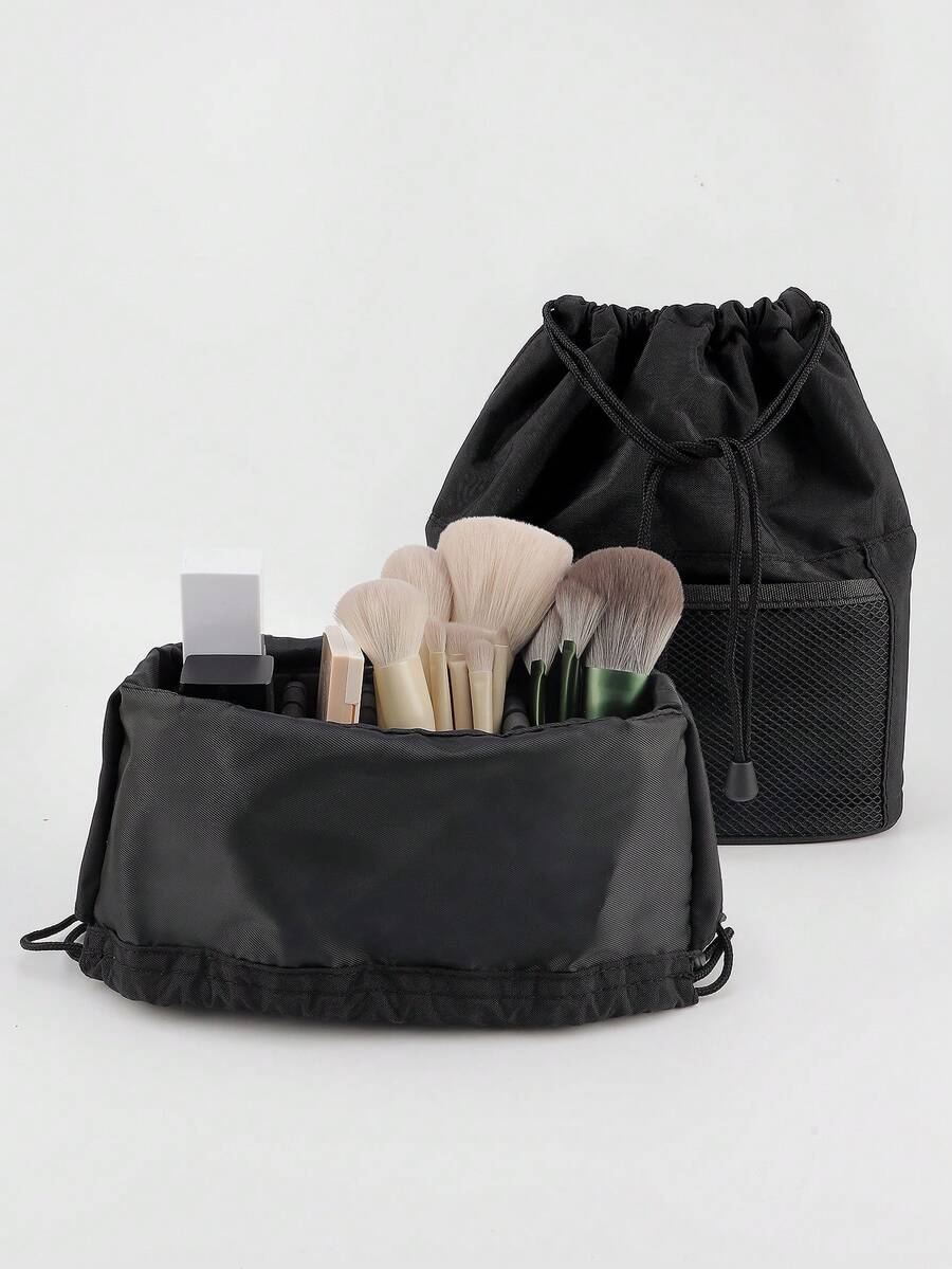 Acrylic Partition Travel Makeup Case With Brush Holder, Freestanding Cosmetic Bag, Artist Travel Makeup Pouch - Black - View 1
