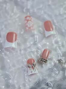 10pcs Y2K Style Red & White French Press-On Nails, Handmade 3D Floral Carved Duck Mouth Nail Tips With Silver Bowknot & Rhinestone Decor, Suitable For Daily And Party Wear, Great Gift For Women And Girls Nail Supplies Handmade Press On Nails - 查看 5