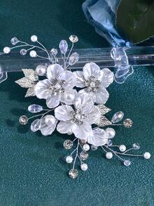 1个优雅水钻花朵新娘发夹，适合婚礼、派对、复活节等场合 - 銀色 - 查看 6