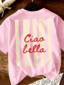 Camiseta de manga corta de cuello redondo para mujer talla grande en color rosa "Ciao Bella", de tela elástica, longitud regular, casual de verano - Rosa - Ver 3