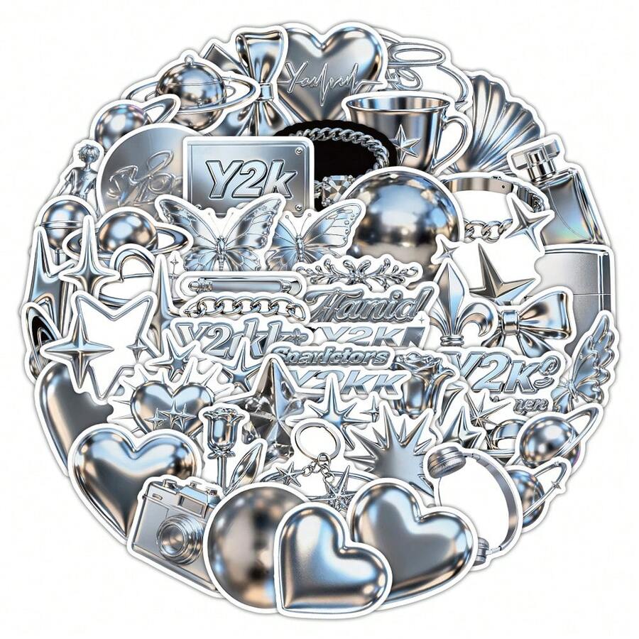 58Pcs Metallic Y2K Stickers, Aesthetic Graffiti Decals For Phone, Laptop, Journal & Scrapbooking - Multicolor - View 1