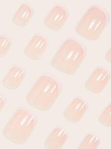 24片极简渐变粉色短方形人造指甲贴片，百搭法式美甲风格全覆盖指甲贴纸。此美甲套装使用随机果冻胶，适合女性和女孩。美甲用品 - 彩色 - 查看 3