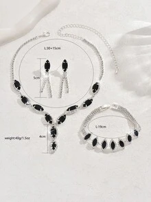 Set de joyas de moda de 3 piezas/4 piezas, collar, pendientes y pulsera de piedras preciosas negras, perfecto para fiestas y ocasiones especiales de mujeres - conjunto de joyas de cuatro piezas - Ver 11