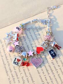 1pc "Love Yourself" Slogan DIY Bracelet, 1pc Cute Red Cherry Charm Bracelet, 1pc Pink Leopard Star Girl Bracelet, 1pc Cross Star Bracelet, 1pc Punk Music Festival Bracelet - Silver - View 6