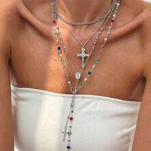 Bộ 1 dây chuyền nhiều lớp phong cách Boho đính ngọc trai hình hoa, hạt tròn hình thánh giá và hình Đức Mẹ Maria, thích hợp cho kỳ nghỉ, cầu nguyện, lễ rửa tội. - phong cách 8 - Xem 4