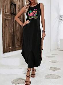 [Polyester Tank Dress] Lightweight Polyester Women's Sleeveless Tank Dress| Dinosaur Graphic Print, Round Neck & Side Pockets, Machine Washable, 180gsm Casual Summer Dress - Xám - Xem 3