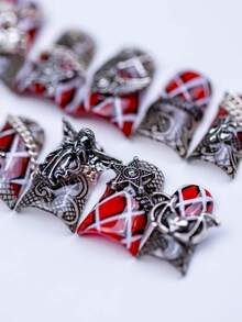 Punk Edgy Short Duck Bill Press On Nails 10pcs Red Black Plaid Base 3D Chains Hearts Angels Bats Metal Accents Handmade Acrylic Reusable High-Gloss Perfect For Club Nights And Halloween Parties Bold Styling Edgy Vibe Cool Gift For Fashion-Forward Enthusiasts Summer Easter - 彩色 - 查看 6