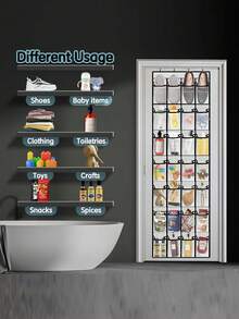 1pc Large Capacity Hanging Shoe Rack: Features 28 Pockets & 4 Metal Hooks For Heavy Items. Creates Instant Storage For Shoes, Cleaning Supplies & Organization. Back Of Closet Organizer, Behind Door Hanger, Nonslip Holders, Shoes, Sneakers And Home Accessories. Excellent For Rentals, Small Spaces & Closet Organization. Designed For Maximum Space Utilization In Modern Homes. - 黑色 - 查看 3
