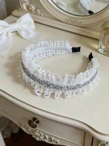 1 chiếc băng đô ren đính đá mới mùa xuân/hè, kiểu dáng dễ thương, ngọt ngào, phong cách học viện, thích hợp để đeo hàng ngày. - Nhiều màu - Xem 3